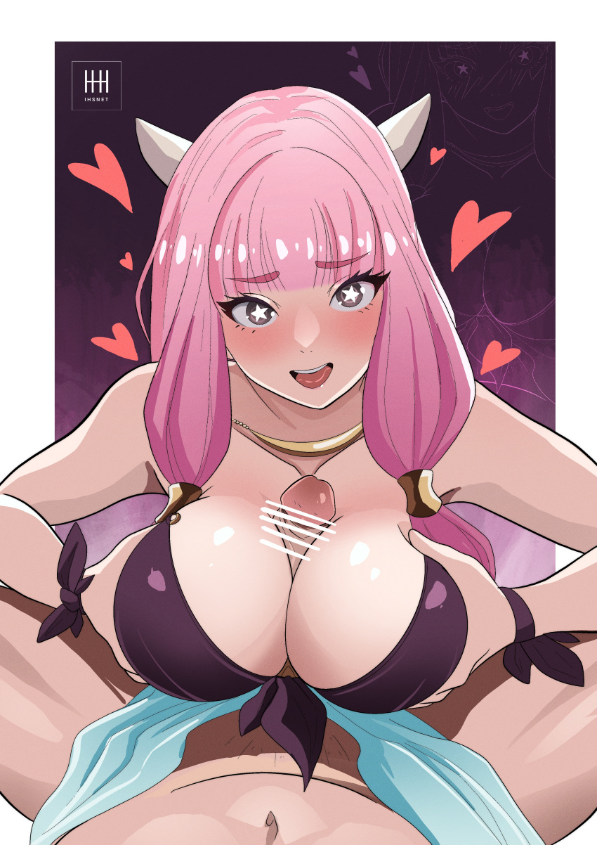 1boy 1girl 1girl absurd_res alluring alternate_breast_size alternate_costume asian asian_female bangs bar_censor big_breasts big_breasts bikini blunt_bangs blush braid breast_squeeze censored clothed_female clothed_sex eyebrows_visible_through_hair fire_emblem fire_emblem_fates grabbing_own_breast hair_ornament hair_tubes happy happy_paizuri happy_sex heart high_res ihsnet intelligent_systems light-skinned_female light-skinned_male light_skin looking_at_viewer low_twin_braids male male_pov mitama_(fire_emblem) necklace nintendo open_mouth paizuri paizuri_lead_by_female paizuri_on_lap penis penis_between_breasts pink_hair pov pov_eye_contact pov_paizuri purple_bikini solo_focus star-shaped_pupils star_(symbol) straight swimsuit symbol-shaped_pupils twin_braids wristwear
