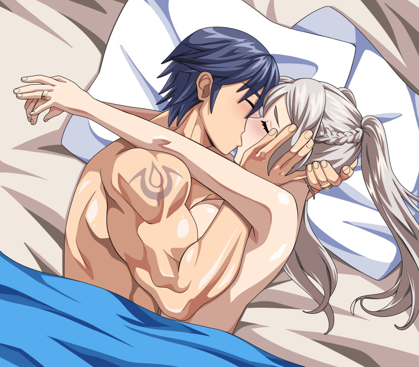 1boy 1girl 1girl alluring big_breasts blue_hair blush chrom_(fire_emblem) closed_eyes decox fire_emblem fire_emblem_awakening fire_emblem_warriors in_bed intelligent_systems kissing male nintendo nude on_side robin_(fire_emblem) robin_(fire_emblem)_(female) romantic romantic_couple twin_tails white_hair