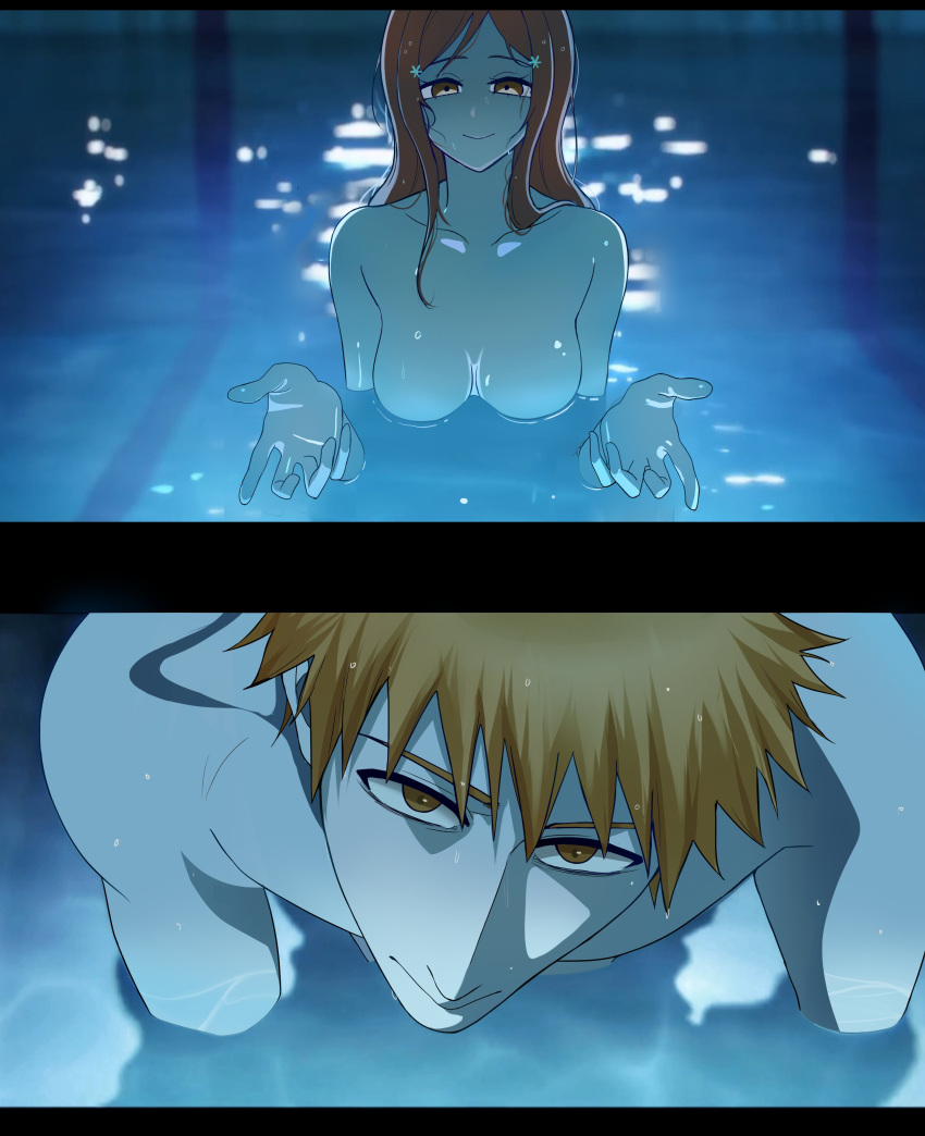 1boy 1girl absurd_res big_breasts bleach brown_eyes chainsaw_man closed_mouth hair_ornament hairclip hetero high_res i'll_teach_you_everything_(chainsaw_man) inoue_orihime kurosaki_ichigo long_hair looking_at_viewer nude orange_hair partially_submerged pool scene_reference sela_(chanppu) short_hair skinny_dipping smile snowflake_hair_ornament swimming_pool water wet