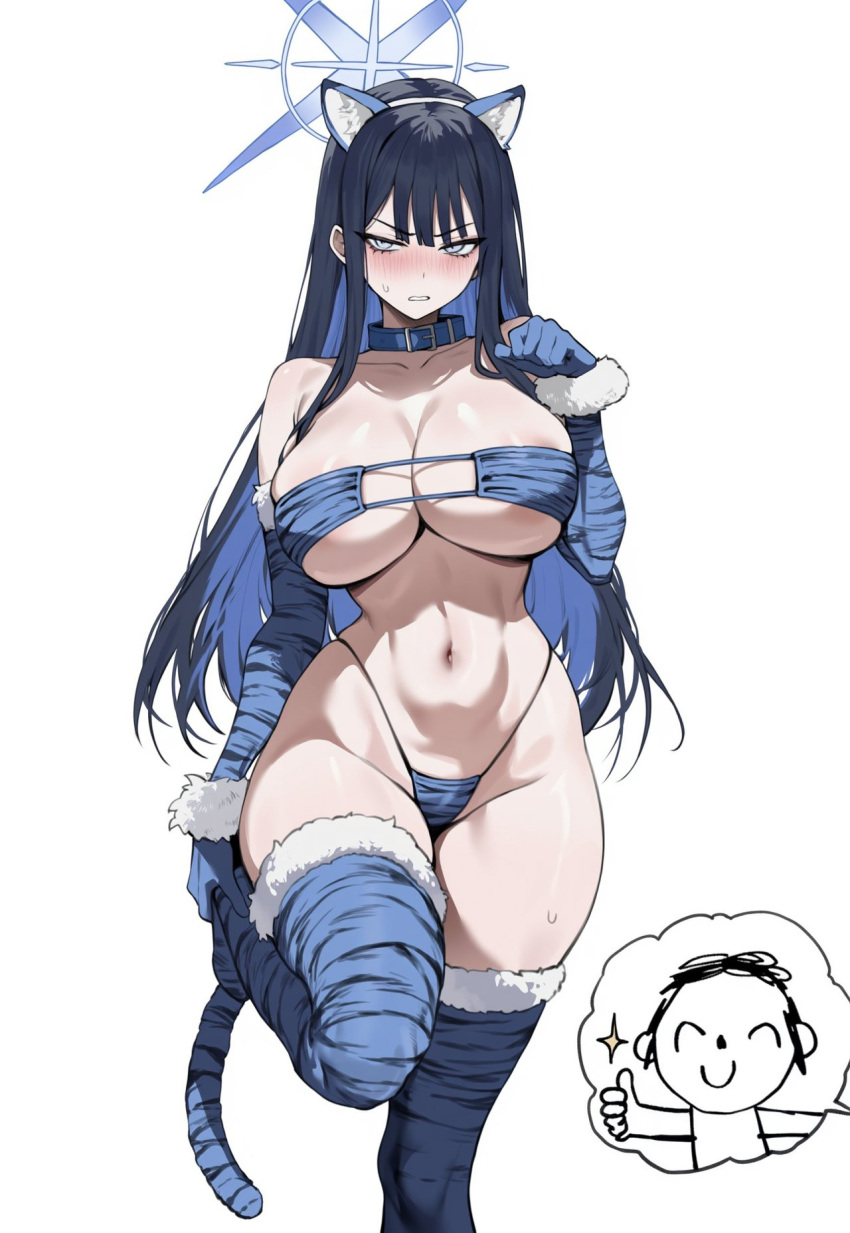 1boy 1girl ai_assisted ai_generated animal_ears areola areola big_breasts blue_archive blue_clothing blue_eyes blue_hair blue_legwear blush breasts collar elbow_gloves fake_animal_ears female_focus fur_trim furrowed_brow halo highleg highleg_panties huge_breasts legwear leopard leopard_print light-skinned_female light_skin long_gloves long_hair male pale-skinned_female pale_skin saori_(blue_archive) sensei_(blue_archive) smile sparkles standing standing_on_one_leg stockings sweat sweaty teeth thick_legs thick_thighs thighs thumbs_up tiger_ears tiger_girl tiger_print tiger_stripes tiger_tail truck-kun_art underwear voluptuous voluptuous_female wide_hips