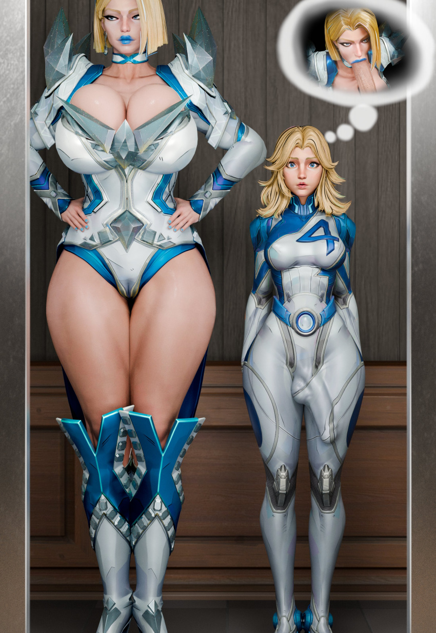 1futa 1futa1girl 1girl 1girl1futa 1girls 3d 3d_(artwork) :>= big_breasts bigger_female blonde_hair blue_eyes blue_lipstick blue_nails bodysuit breasts bulge bulge_down_leg bulge_through_clothing bulge_under_clothes clothed clothed_female clothed_female_clothed_futa clothed_futa digital_media_(artwork) duplicate emma emma_frost emma_frost_(marvel_rivals) erection erection_under_clothes fellatio female fully_clothed fully_clothed_female fully_clothed_futa futanari futanari_with_female hands_on_hips height_difference horny horny_futa huge_breasts imagination imagining intersex invisible_woman invisible_woman_(marvel_rivals) large_boobs larger_female leotard light-skinned_female light-skinned_futa light_skin marvel marvel_comics marvel_rivals shorter_futa size_difference smaller_futa sue_storm susan_storm tagme thick_thighs x-men zzzxxxccc