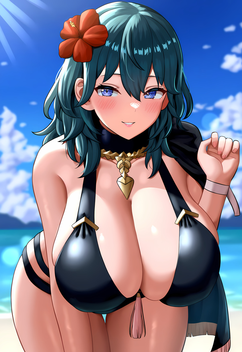 1girl 1girl 1girl 4k alluring beach big_breasts big_breasts bikini blue_eyes byleth_(fire_emblem) byleth_(fire_emblem)_(female) cape female_only fire_emblem fire_emblem:_three_houses fire_emblem_heroes flower flower_in_hair hair_flower high_res high_resolution intelligent_systems medium_hair nintendo seductive_eyes seductive_smile shiny_hair shiny_skin smile solo_female tassel teal_hair vermadis2x voluptuous voluptuous_female