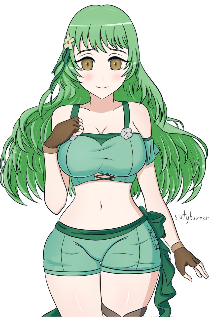 1girl 1girl 1girl alluring alternate_costume bare_thighs big_breasts bikini brown_eyes cosplay female_only fingerless_gloves fire_emblem fire_emblem:_three_houses fire_emblem_echoes:_shadows_of_valentia fire_emblem_heroes gloves green_bikini green_hair green_swimsuit ingrid_brandl_galatea_(cosplay) ingrid_brandl_galatea_(summer) intelligent_systems long_hair looking_at_viewer nintendo sixtybuzzer smile swimsuit tatiana_(fire_emblem) thighs wavy_hair