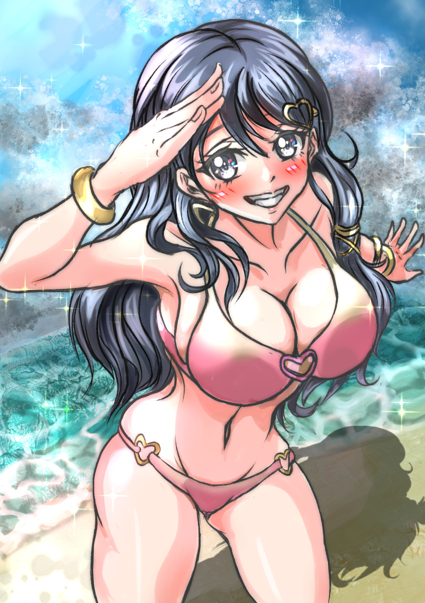 1girl 1girl 1girl alluring alternate_costume beach big_breasts bikini black_eyes black_hair blue_eyes blue_hair female_only fire_emblem intelligent_systems long_hair looking_at_viewer nintendo ocean oribe_tsubasa outside pink_bikini pink_swimsuit smile swimsuit tokyo_mirage_sessions_#fe violet_migu18