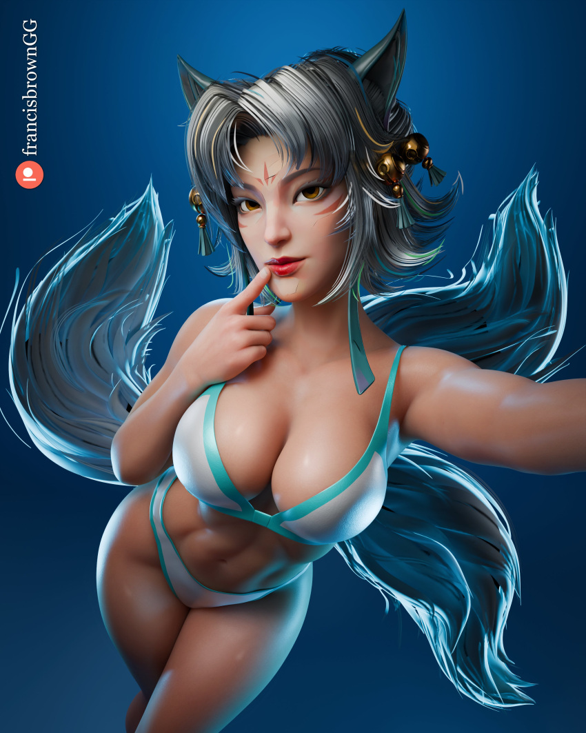 1girl 1girl 1girls 3d 3d_(artwork) agents_of_atlas ami_han animal_ears big_breasts blue_eyes breasts clothed clothed_female eye_contact female_focus female_only fox_ears fox_girl fox_tail francis_brown lingerie looking_at_viewer looking_back_at_viewer marvel marvel_comics marvel_rivals mask masked masked_female medium_hair no_shirt solo_female solo_focus suit thick_thighs underwear white_female white_fox white_fox_(marvel) white_fox_(marvel_rivals) white_hair