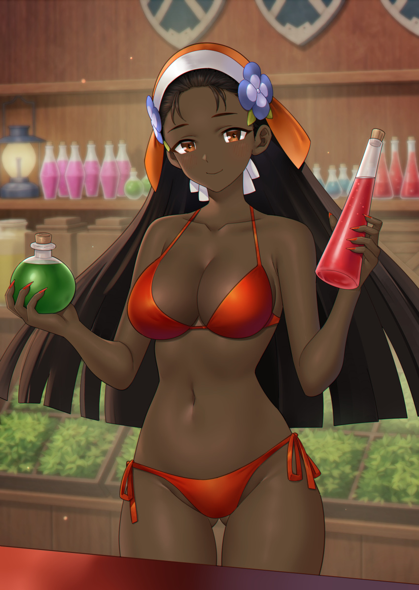 1girl 1girl absurd_res alluring alternate_costume anisse_(fire_emblem) bare_arms bare_shoulders big_breasts bikini bottle brown_eyes brown_hair cleavage collarbone commission commissioner_upload dark-skinned_female dark_skin fingernails fire_emblem fire_emblem_engage gluteal_fold hands_up high_res holding holding_bottle indoors intelligent_systems long_fingernails long_hair looking_at_viewer navel nintendo non-web_source orange_bikini potion red_bikini red_nails redkite333 shop side-tie_bikini_bottom stomach swimsuit thick_thighs thighs very_dark_skin