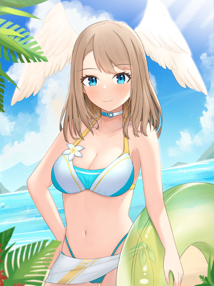 1girl 1girl absurd_res alluring beach big_breasts bikini blue_eyes blue_sky blush cloud donut_innertube eunie_(xenoblade) head_wings high_res innertube keaworks leaf see-through_clothes sky swimsuit white_wings wings xenoblade_(series) xenoblade_chronicles_3