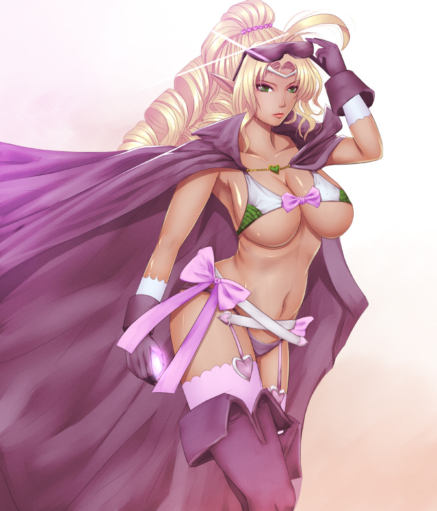 1girl 1girl aged_up ahoge alluring big_breasts blonde_hair boots bow cape dark-skinned_female dark_skin female_focus fire_emblem fire_emblem_awakening garter_straps glint gloves green_eyes harihisa high_res intelligent_systems long_hair navel nintendo nowi_(fire_emblem) pink_thighhighs pointy_ears purple_thighhighs stockings sunglasses thigh_high_boots thighhighs_under_boots thighs under_boob