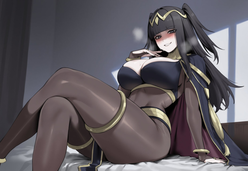 1girl 1girl ai_generated bangs big_breasts black_eyes black_hair blush bracelet breasts bridal_gauntlets cape cleavage covered_navel fire_emblem fire_emblem_awakening jewelry long_hair looking_at_viewer smile tharja_(fire_emblem) truck-kun_art two_side_up