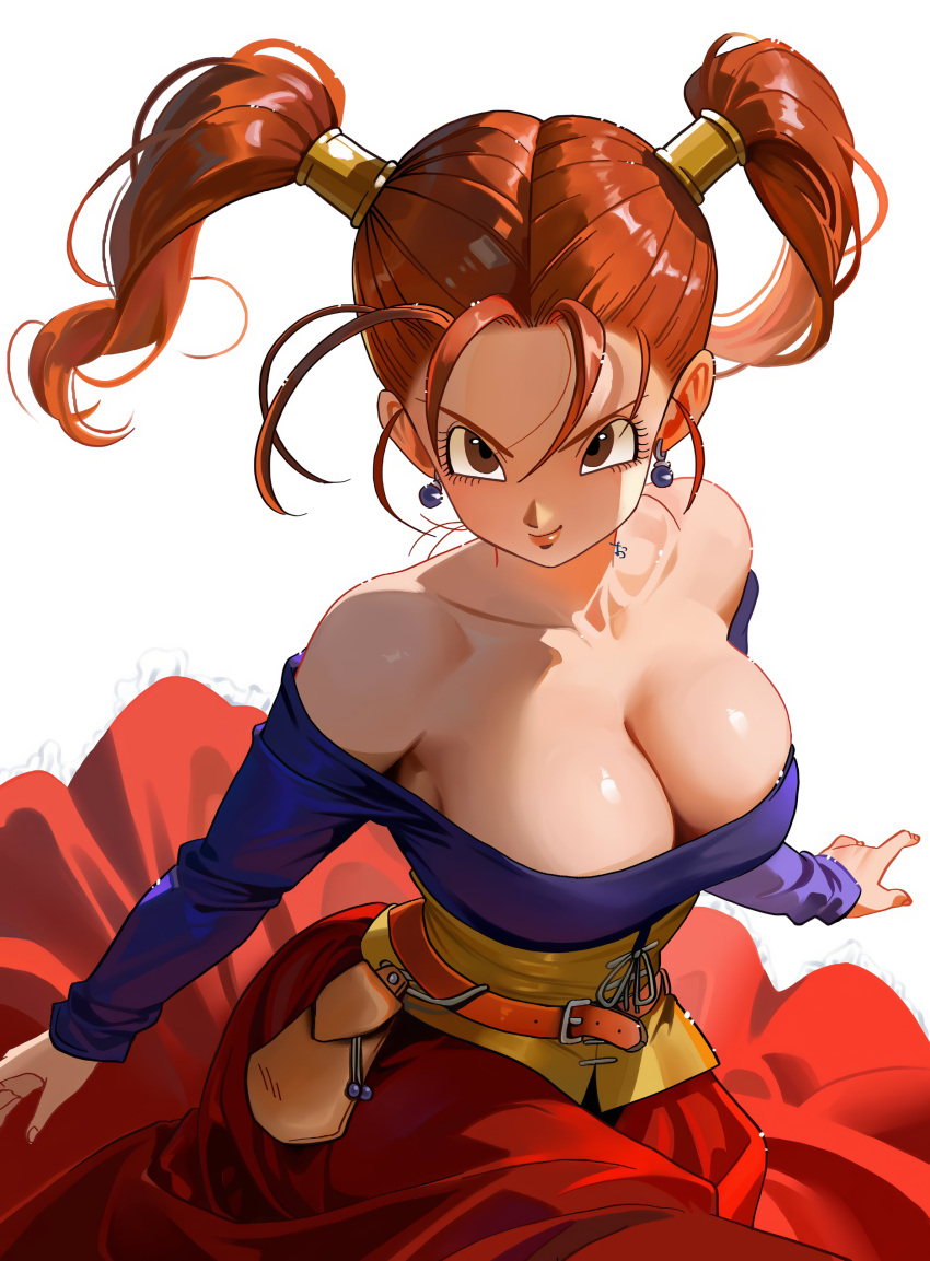 1girl 1girl bare_shoulders big_breasts breasts cleavage dragon_quest dragon_quest_viii dress female_only jessica_albert off_shoulder red_hair shoulders square_enix twin_tails upscaled waifu2x
