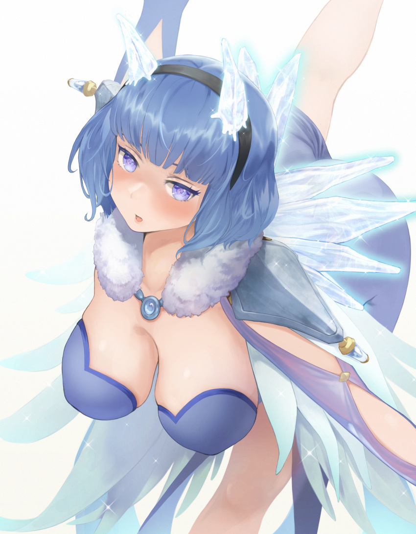 1girl 1girl big_breasts black_hairband blue_eyes blue_hair blush cleavage fire_emblem fire_emblem_heroes fur_trim hairband high_res ice_horns intelligent_systems looking_at_viewer mixed-language_commentary nifl_(fire_emblem) nintendo open_mouth short_hair simple_background white_background yasopery