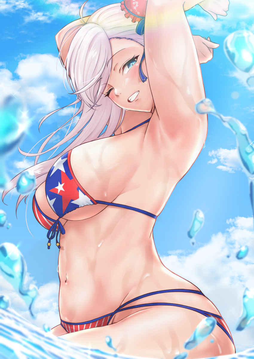1girl 1girl ;d absurd_res american_flag american_flag_bikini american_flag_print armpits arms_up asymmetrical_bangs big_breasts bikini blue_sky blush breasts bun_cover cloud commentary_request fate/grand_order fate_(series) flag_print flag_print_bikini front-tie_bikini_top front-tie_top grin groin hair_bun high_res kueru_1285 looking_at_viewer looking_to_the_side miyamoto_musashi_(fate) miyamoto_musashi_(swimsuit_berserker)_(fate) miyamoto_musashi_(swimsuit_berserker)_(second_ascension)_(fate) navel one_eye_closed partial_commentary print_bikini sideboob single_side_bun sky smile splashing swimsuit under_boob wading water water_drop wet white_hair