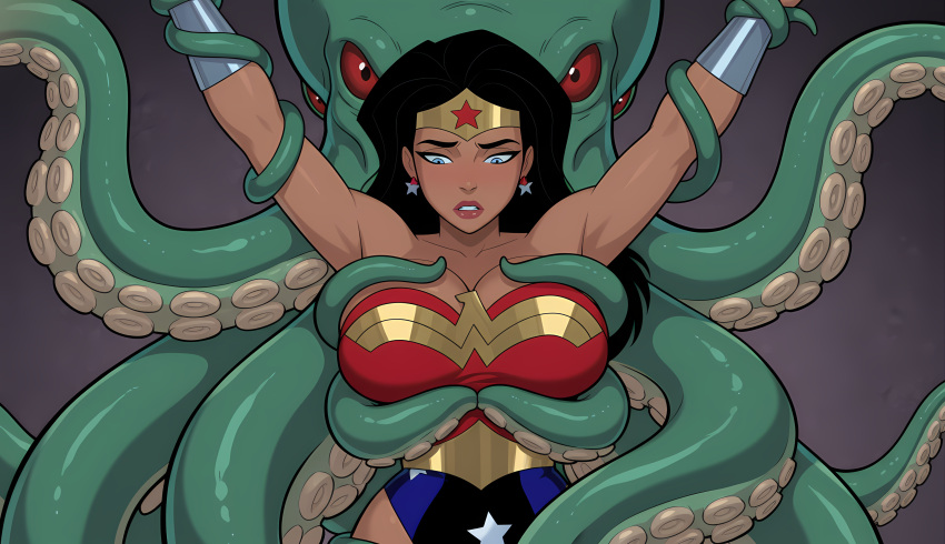 1girl 1other amazon animal aqua_skin armpits arms_up bangs bare_arms bare_shoulders big_breasts black_hair blue_eyes blue_leotard bondage bracer breast_grab breasts cleavage clenched_teeth collarbone dc_comics dcau defeated defeated_female defeated_heroine defeated_superheroine diana_prince earrings gold_jewelry gradient gradient_background green_skin grey_background half-closed_eyes heroine highleg highleg_leotard huge_breasts jewelry justice_league justice_league_unlimited kraken leotard lips lipstick long_hair looking_down makeup monster multicolored_clothes multicolored_leotard neck nervous octopus octopus_tentacle parted_bangs red_eyes red_leotard red_lipstick restrained sghero1234 sghero1234_(artist) silver_bracer silver_earrings silver_jewelry star star_(symbol) star_earrings star_print straight_hair strapless strapless_leotard superhero_costume superheroine teeth tentacle tentacle_bondage themysciran tiara two-tone_leotard wonder_woman wonder_woman_(dcau) wonder_woman_(series)