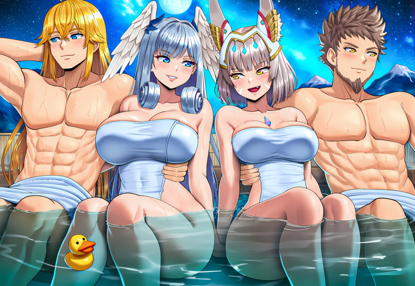 1girl 2_girls 2boys abs amber_eyes athletic_male big_breasts blonde_hair blue_eyes brown_hair core_crystal_(xenoblade) curvy fit_male full_moon hand_on_another's_hip head_wings high_entia high_quality high_res high_resolution looking_away male male/female melia_antiqua melia_antiqua_(xenoblade_3) monolith_soft mountain nia_(xenoblade) nintendo onsen partially_submerged rex_(xenoblade) rex_(xenoblade)_(future_redeemed) rubber_duck seductive_smile short_hair shulk_(xenoblade) shulk_(xenoblade)_(future_reedemed) side-by-side silver_hair smile smirk starry_sky thick_ass thick_thighs towel towel_only vermadis2x very_long_hair water xenoblade_(series) xenoblade_chronicles_3 xenoblade_chronicles_3:_future_redeemed yellow_hair