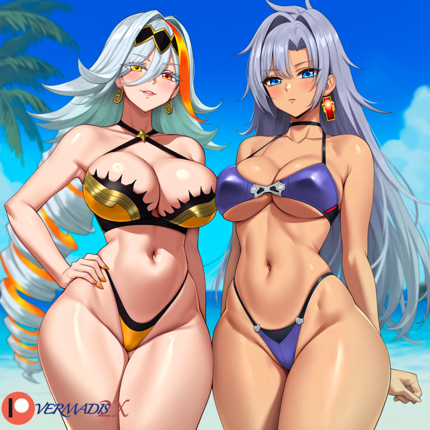 1girl 2_girls a_(xenoblade) alluring baldr_(fire_emblem_heroes) beach big_breasts bikini blue_eyes crossover earrings expressionless female_only fire_emblem fire_emblem_heroes hand_on_hip heterochromia intelligent_systems medium_breasts monolith_soft multicolored_hair nintendo pink_lips red_eyes seductive_eyes seductive_smile silver_hair single_earring vermadis2x wide_hips xenoblade_(series) xenoblade_chronicles_3 xenoblade_chronicles_3:_future_redeemed yellow_eyes