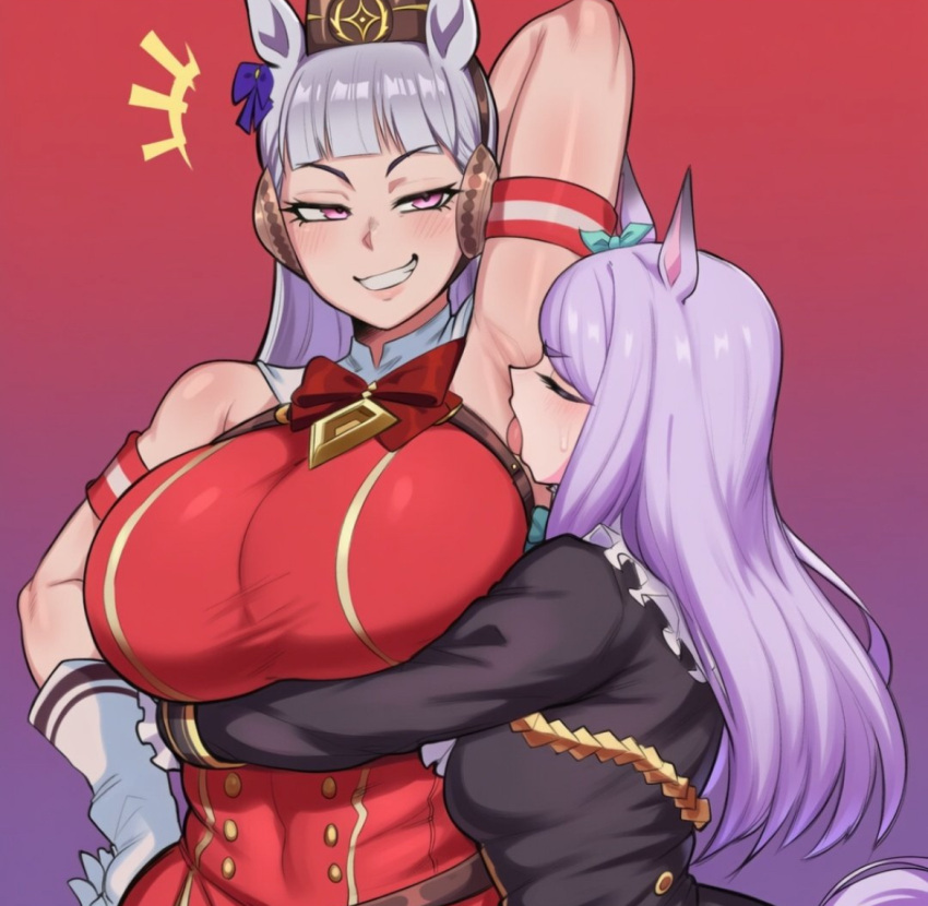 1girl 2_girls ai ai_generated arm_under_breasts armpit armpit_crease armpit_fetish bakushin_o_armpit_gif_(meme) big_breasts female_only gold_ship_(umamusume) horse_ears incest incest_(lore) lesbian_couple licking_armpit mejiro_mcqueen_(umamusume) purple_hair rayasox silver_hair smirk tongue umamusume umamusume_pretty_derby yuri
