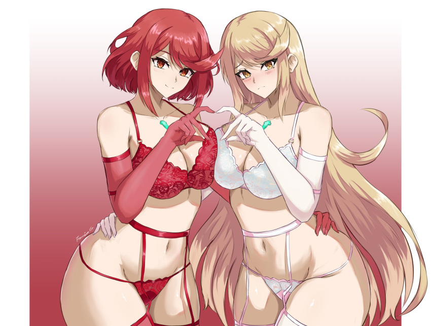 1girl 2_girls alluring big_breasts blonde-haired_female blonde_female blonde_hair blonde_hair_female core_crystal fgsketch heart_hands lingerie long_hair mythra_(xenoblade) pyra_(xenoblade) red_eyes red_hair red_lingerie short_hair white_lingerie xenoblade_(series) xenoblade_chronicles_2 yellow_eyes