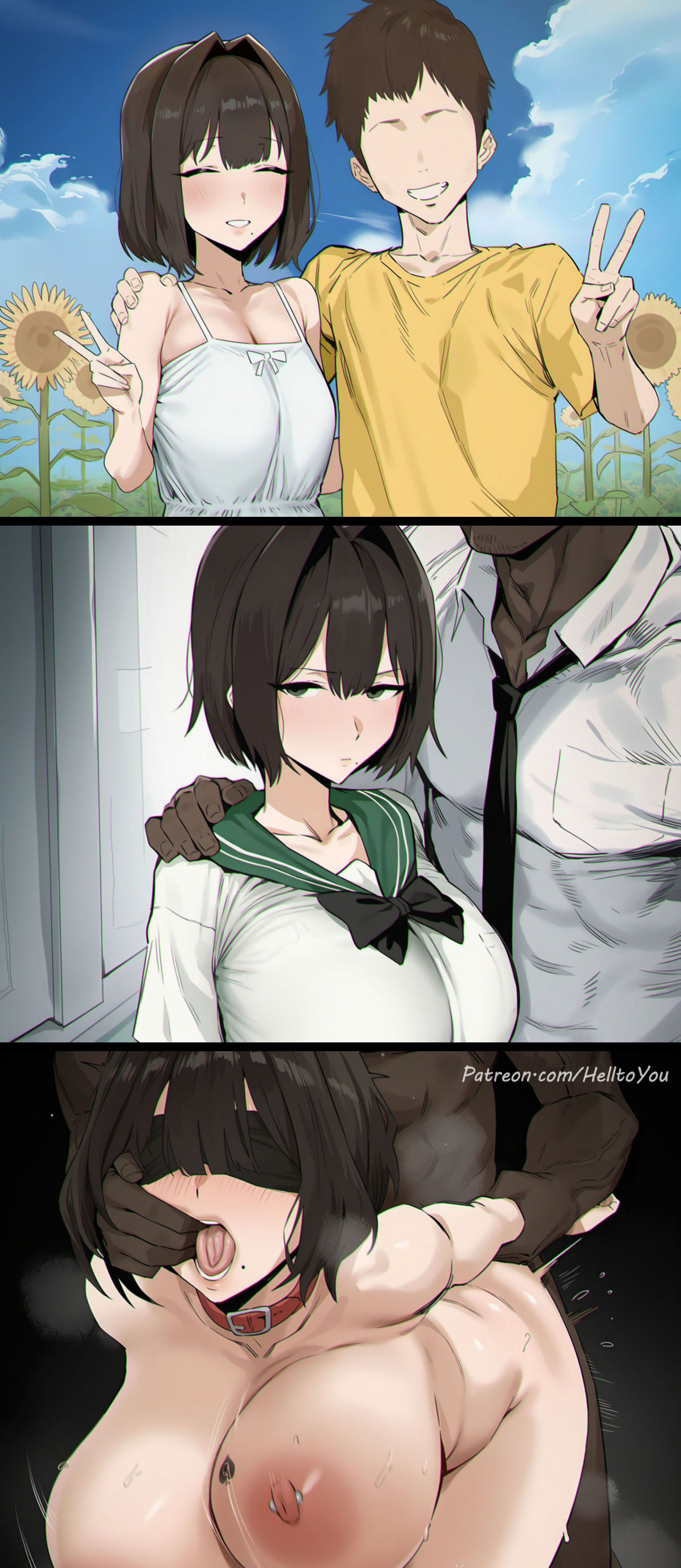 1girl 2boys ai_generated big_breasts blindfold collar cuckold dark-skinned_male dark_skin doggy_position from_behind helltoyou interracial male queen_of_spades tattoo