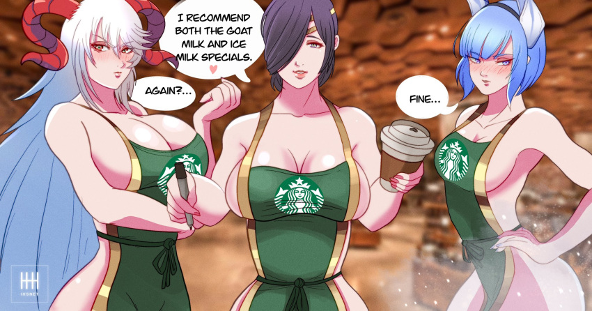 1girl 3_girls alluring apron bare_shoulders bare_thighs big_breasts black_eyes black_hair blue_eyes blue_hair blush cleavage collarbone embarrassed english_text female_only fire_emblem fire_emblem_heroes freyja_(fire_emblem) grey_hair holding_cup holding_object holding_pen hourglass_figure iced_latte_with_breast_milk ihsnet kiran_(fire_emblem) kiran_(fire_emblem)_(female) lips long_hair looking_at_viewer medium_breasts meme multicolored_hair multiple_females multiple_girls naked_apron nifl_(fire_emblem) nintendo pen red_eyes short_hair sideboob smile text thighs very_long_hair wide_hips