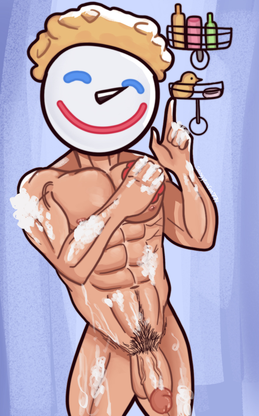1girl abs bara big_breasts big_penis breasts bubble business_attire business_suit erect_penis flaccid foreskin jack_box jack_in_the_box male male_only mascot mascots muscle nude pecs penis sangyeonfan774 shower solo_male uncircumcised uncut veins veiny_belly veiny_penis yaoi yaoi
