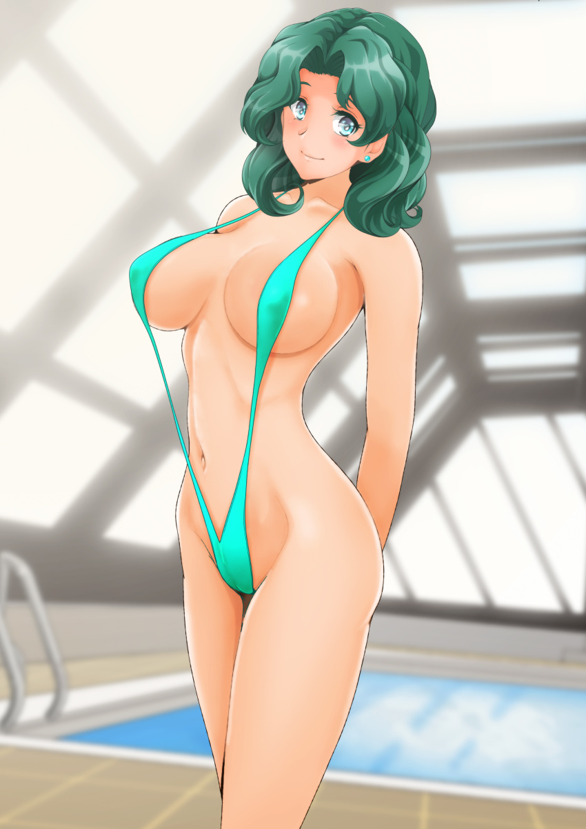 1girl absurd_res adult_swim alluring big_breasts bishoujo_senshi_sailor_moon bishoujo_senshi_sailor_moon_s bishoujo_senshi_sailor_moon_s_the_movie bishoujo_senshi_sailor_moon_supers bishoujo_senshi_sailor_moon_supers_the_movie blue_eyes blush cameltoe closed_mouth collarbone earrings green_sling_bikini high_res indoors jewelry kaiou_michiru long_hair looking_at_viewer michiru_kaiou nanashi_noiji navel rei_no_pool sailor_neptune sling_bikini slingshot_swimsuit smile swimming_pool swimsuit teal_hair toei_animation toonami viz_media