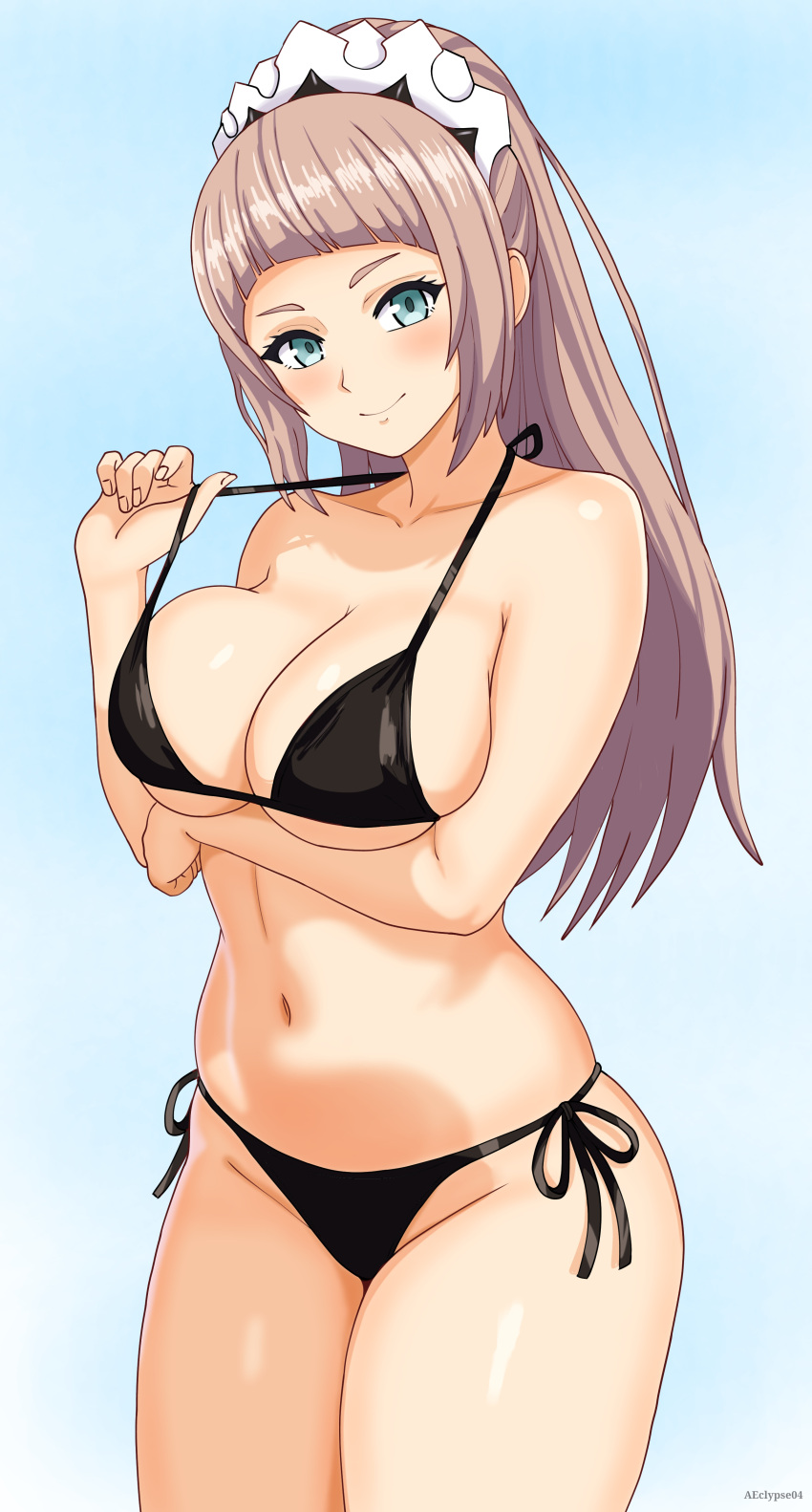 1girl absurd_res alluring alternate_costume artist_name big_breasts bikini black_bikini blush cleavage commission eclyart felicia_(fire_emblem) fire_emblem fire_emblem_fates green_eyes high_res intelligent_systems long_hair looking_at_viewer maid_headdress mixed-language_commentary navel nintendo ponytail silf simple_background smile stomach swimsuit