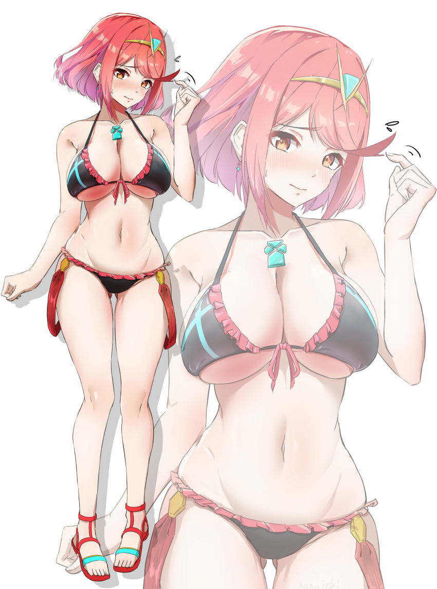 1girl absurd_res alluring big_breasts bikini black_bikini blush chest_jewel cleavage collarbone earrings full_body hair_ornament hand_up high_res jewelry kanuici336 multiple_views navel pyra_(xenoblade) red_eyes red_hair sandals short_hair standing stomach suspenders swimsuit xenoblade_(series) xenoblade_chronicles_2 zoom_layer