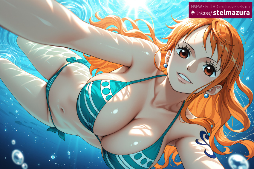 1girl ai_assisted ai_generated air_bubble bangs big_breasts bikini breasts brown_eyes bubble cleavage collarbone earrings female female_only jewelry long_hair looking_at_viewer nami_(one_piece) navel one_piece orange_eyes orange_hair parted_lips shoulder_tattoo side-tie_bikini_bottom smile solo stelmazura stomach sunlight swimming swimsuit tattoo underwater water