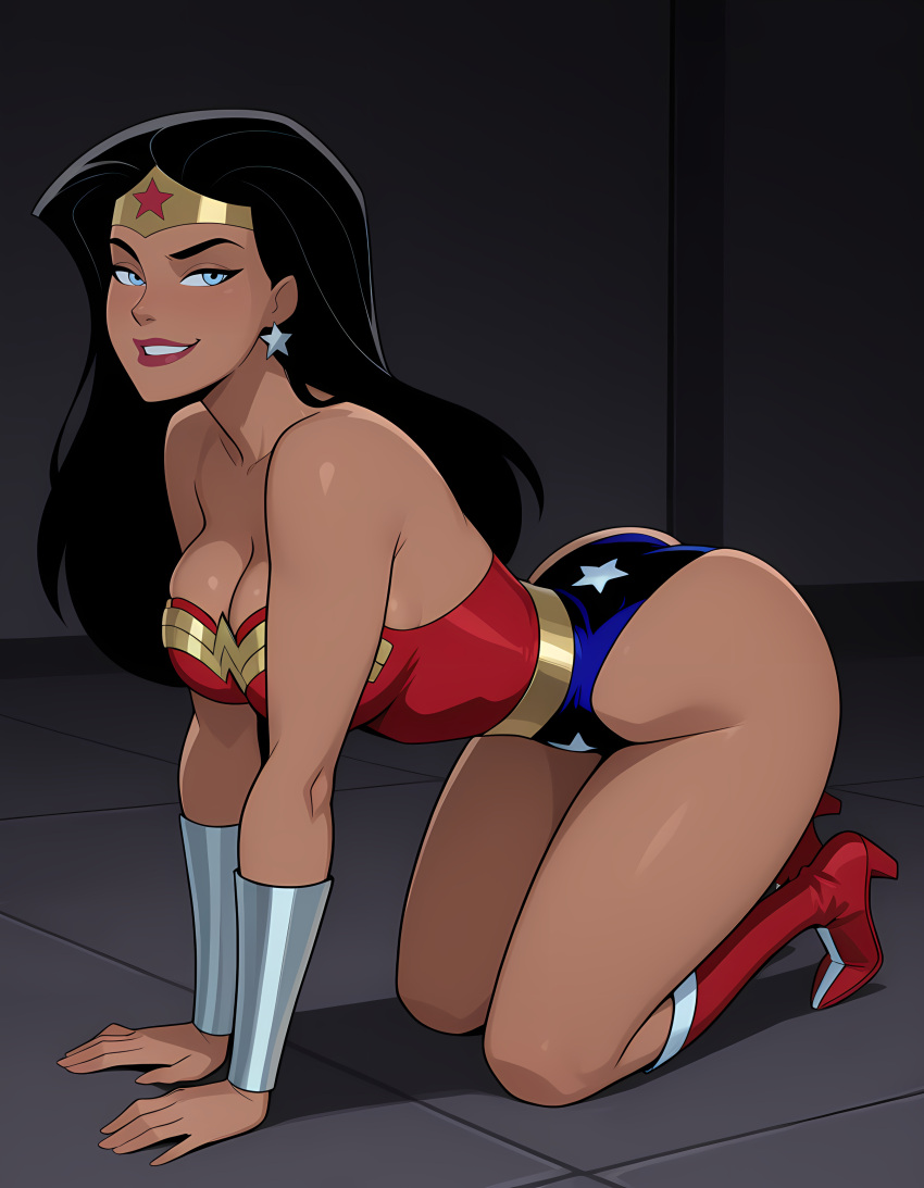1girl all_fours amazon ass bangs bare_arms bare_legs bare_shoulders big_ass big_breasts black_hair blue_eyes blue_leotard boots bracer breasts cleavage collarbone dc_comics dcau diana_prince earrings female_only female_solo footwear full_body gold_jewelry grey_background grin half-closed_eyes heroine highleg highleg_leotard indoors jewelry justice_league justice_league_unlimited legs leotard lips lipstick long_hair looking_at_viewer makeup mound_of_venus multicolored_clothes multicolored_leotard naughty_face neck parted_bangs parted_lips red_boots red_footwear red_leotard red_lipstick sghero1234 sghero1234_(artist) shadow silver_bracer silver_earrings silver_jewelry smile star star_(symbol) star_earrings star_print straight_hair strapless strapless_leotard superhero_costume superheroine themysciran thighs tiara two-tone_leotard wonder_woman wonder_woman_(dcau) wonder_woman_(series)