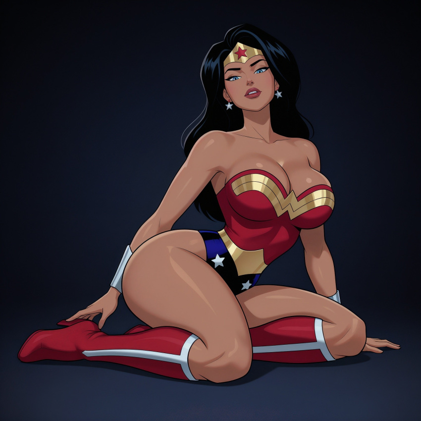 1girl amazon arm_at_side arm_behind_back bangs bare_arms bare_legs bare_shoulders big_breasts black_background black_hair blue_eyes blue_leotard boots bracer breasts cleavage collarbone dc_comics dcau diana_prince earrings female_only female_solo footwear full_body gold_jewelry grey_background half-closed_eyes head_tilt heroine highleg highleg_leotard jewelry justice_league justice_league_unlimited legs leotard lips lipstick long_hair looking_at_viewer makeup multicolored_clothes multicolored_leotard neck parted_bangs red_boots red_footwear red_leotard red_lipstick serious sghero1234 sghero1234_(artist) shadow silver_bracer silver_earrings silver_jewelry sitting star star_(symbol) star_earrings star_print straight_hair strapless strapless_leotard superhero_costume superheroine themysciran thick_thighs thighs tiara two-tone_leotard wonder_woman wonder_woman_(dcau) wonder_woman_(series) yokozuwari