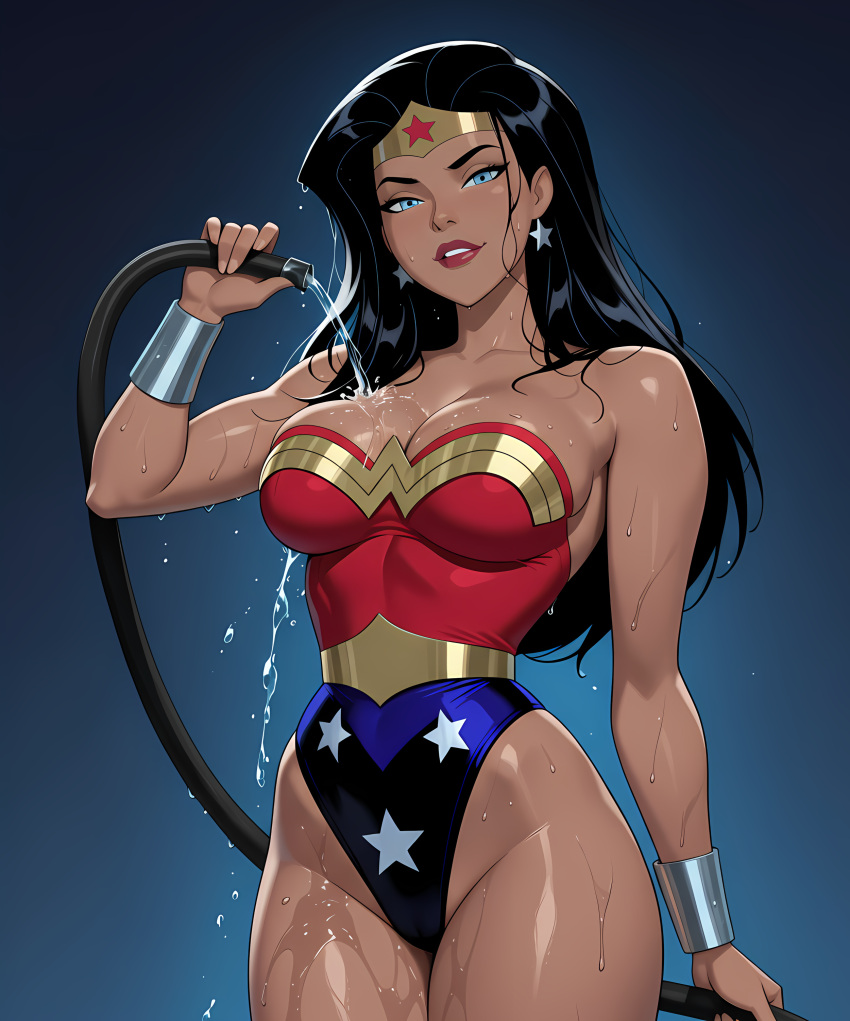 1girl amazon arm_behind_back bangs bare_arms bare_legs bare_shoulders big_breasts black_hair blue_background blue_eyes blue_leotard bracer breasts cleavage collarbone dc_comics dcau diana_prince earrings female_only female_solo gold_jewelry grin half-closed_eyes hand_up head_tilt heroine highleg highleg_leotard holding holding_hose hose jewelry justice_league justice_league_unlimited legs legs_together leotard lips lipstick long_hair looking_at_viewer makeup mound_of_venus multicolored_clothes multicolored_leotard naughty_face neck parted_bangs parted_lips red_leotard red_lipstick sghero1234 sghero1234_(artist) silver_bracer silver_earrings silver_jewelry smile standing star star_(symbol) star_earrings star_print straight_hair strapless strapless_leotard superhero_costume superheroine themysciran thick_thighs thighs tiara two-tone_leotard water wet wet_body wet_clothes wet_hair wonder_woman wonder_woman_(dcau) wonder_woman_(series)
