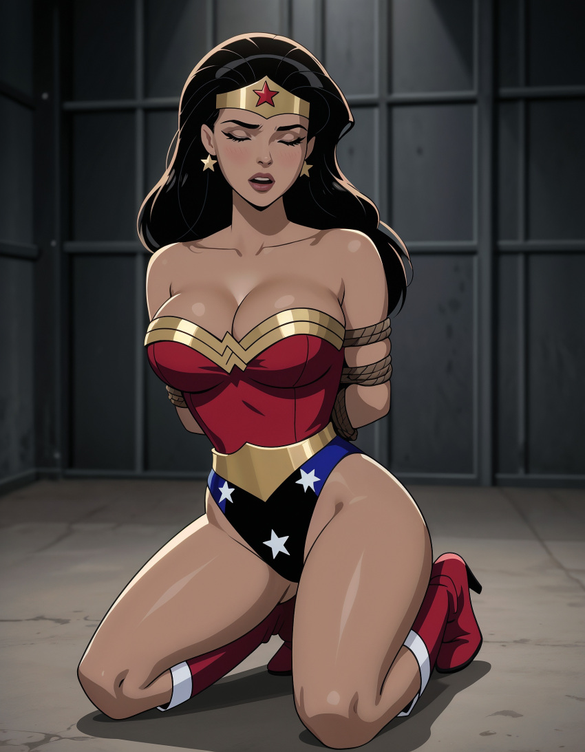 1girl amazon armor armored_female arms_behind_back arms_tied arms_tied_behind_back bangs bare_arms bare_legs bare_shoulders big_breasts black_hair blue_leotard bondage boots breasts cleavage closed_eyes collarbone dc_comics dcau diana_prince earrings female_only female_solo footwear full_body gold_earrings gold_jewelry heroine highleg highleg_leotard indoors jewelry justice_league justice_league_unlimited kneel legs leotard lips lipstick long_hair looking_at_viewer magic_clothing makeup mound_of_venus multicolored_clothes multicolored_leotard neck open_mouth parted_bangs red_boots red_footwear red_leotard red_lipstick rope rope_bondage round_teeth sghero1234 sghero1234_(artist) shadow star star_(symbol) star_earrings star_print straight_hair strapless strapless_leotard superhero_costume superheroine teeth themysciran thighs tiara two-tone_leotard upper_teeth upper_teeth_only wonder_woman wonder_woman_(dcau) wonder_woman_(series)