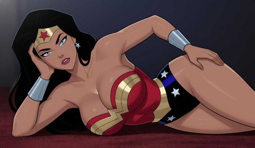 1girl amazon armpits bangs bare_arms bare_legs bare_shoulders big_breasts black_hair blue_eyes blue_leotard bracer breast_press breasts cleavage collarbone crossed_legs dc_comics dcau diana_prince earrings female_only female_solo gold_jewelry half-closed_eyes hand_on_hip heroine highleg highleg_leotard jewelry justice_league justice_league_unlimited legs leotard lips lipstick long_hair looking_at_viewer lying lying_on_side makeup multicolored_clothes multicolored_leotard neck on_side parted_bangs parted_lips red_leotard red_lipstick serious sghero1234 sghero1234_(artist) shadow silver_bracer silver_earrings silver_jewelry star star_(symbol) star_earrings star_print straight_hair strapless strapless_leotard superhero_costume superheroine themysciran thighs tiara two-tone_leotard wonder_woman wonder_woman_(dcau) wonder_woman_(series)
