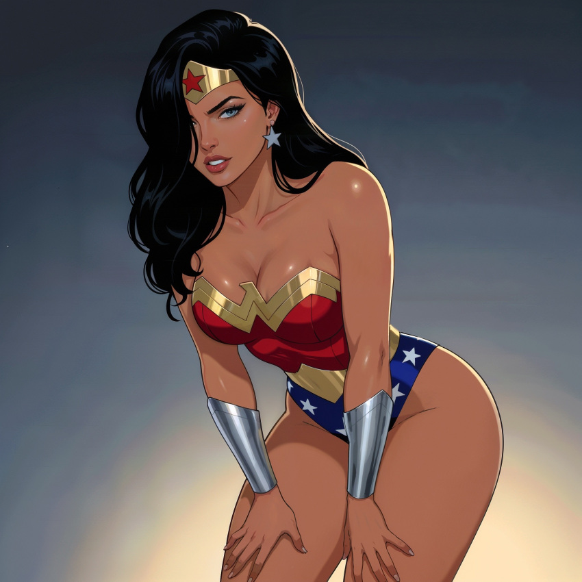 1girl amazon bangs bare_arms bare_legs bare_shoulders big_breasts black_hair blue_leotard bracer breasts cleavage collarbone dc_comics dcau diana_prince earrings female_only female_solo gold_jewelry gradient gradient_background grey_background grey_eyes grin hair_over_one_eye half-closed_eyes heroine highleg highleg_leotard jewelry justice_league justice_league_unlimited leaning leaning_forward legs leotard lips lipstick long_hair looking_at_viewer makeup medium_breasts multicolored_clothes multicolored_leotard naughty_face neck parted_bangs parted_lips pink_lipstick red_leotard sghero1234 sghero1234_(artist) silver_bracer silver_earrings silver_jewelry smile standing star star_(symbol) star_earrings star_print straight_hair strapless strapless_leotard superhero_costume superheroine themysciran thighs tiara two-tone_leotard wonder_woman wonder_woman_(dcau) wonder_woman_(series)