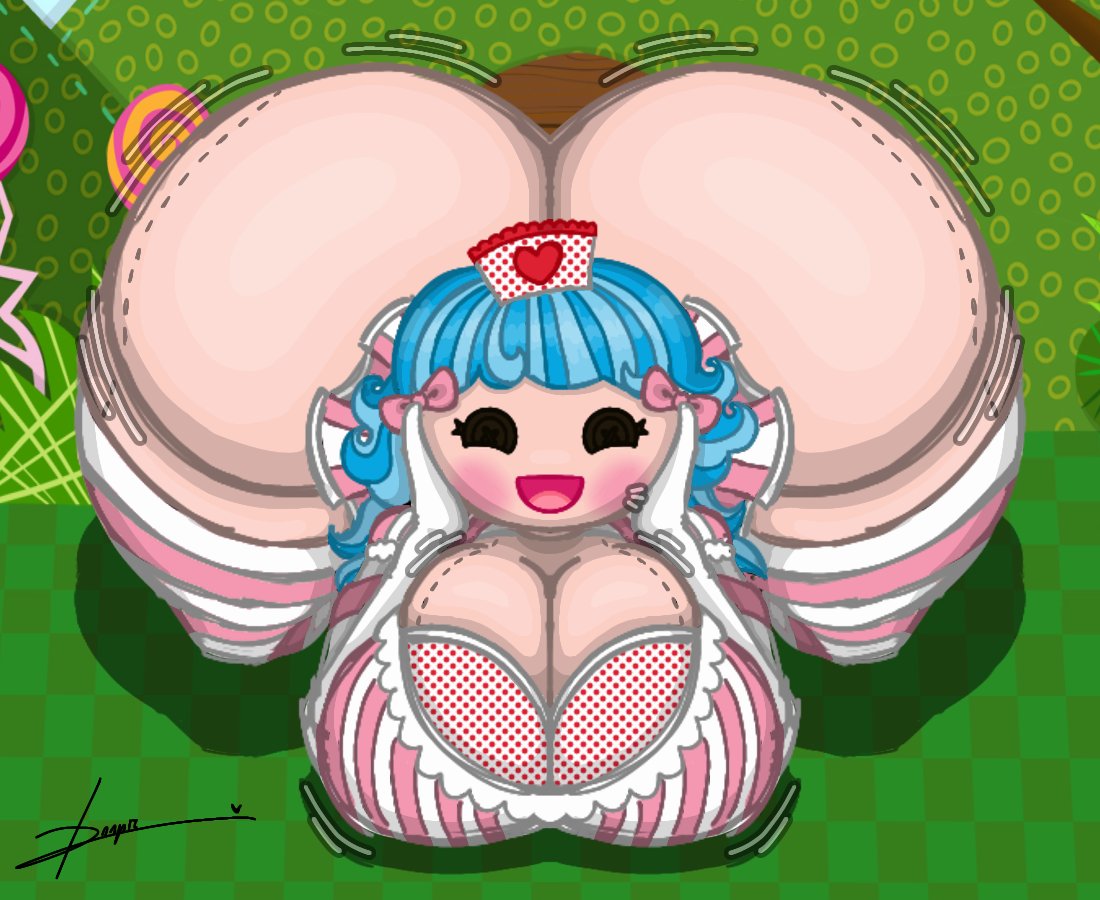 1girl ass beige_skin big_ass big_breasts black_eyes blue_hair blush breasts button_eyes cleavage clothed clothing female female_only gloves hands_on_cheeks huge_ass huge_breasts huge_thighs lalaloopsy nurse nurse_cap nurse_uniform open_smile pink_bow ragdoll rosy_bumps_’n’_bruises short_hair stoopiedoopie