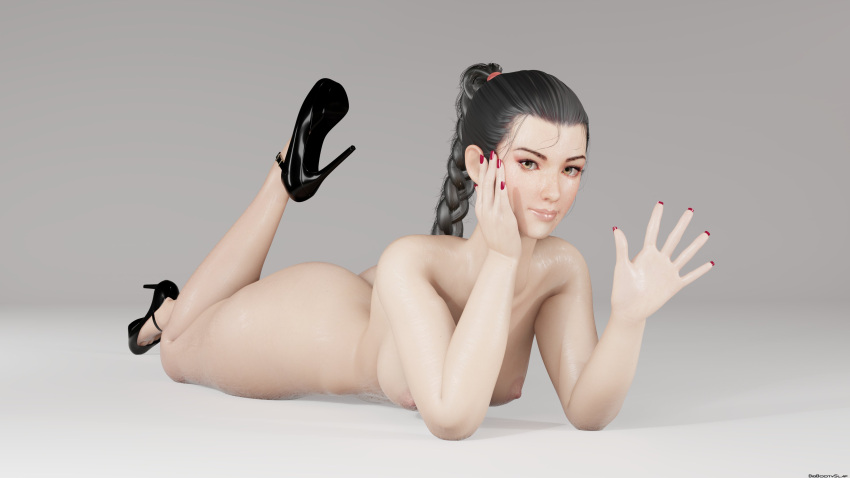 1girl big_breasts bigbootyslap black_hair brown_eyes bubble_butt cleavage dead_or_alive generalbutch horny inviting_to_sex laying laying_down looking_at_viewer momiji momiji_(ninja_gaiden) naked_female ninja_gaiden nude nude nude_female pose shaved_pussy teasing thick_thighs