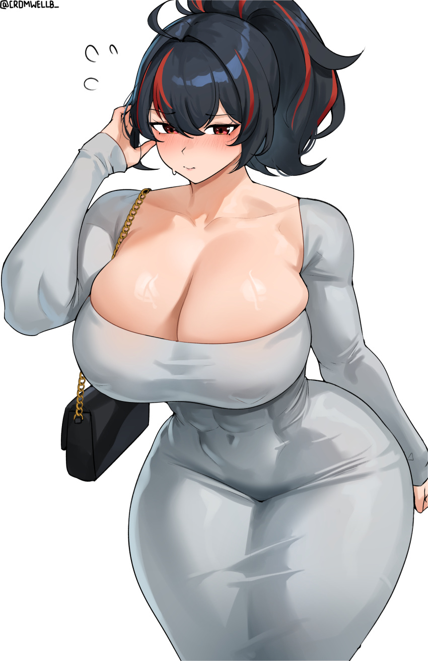 1girl big_breasts black_hair bubble_butt cleavage cromwellb horny inviting_to_sex looking_at_viewer pose red_eyes red_hair standing teasing thick_thighs zenless_zone_zero zhu_yuan