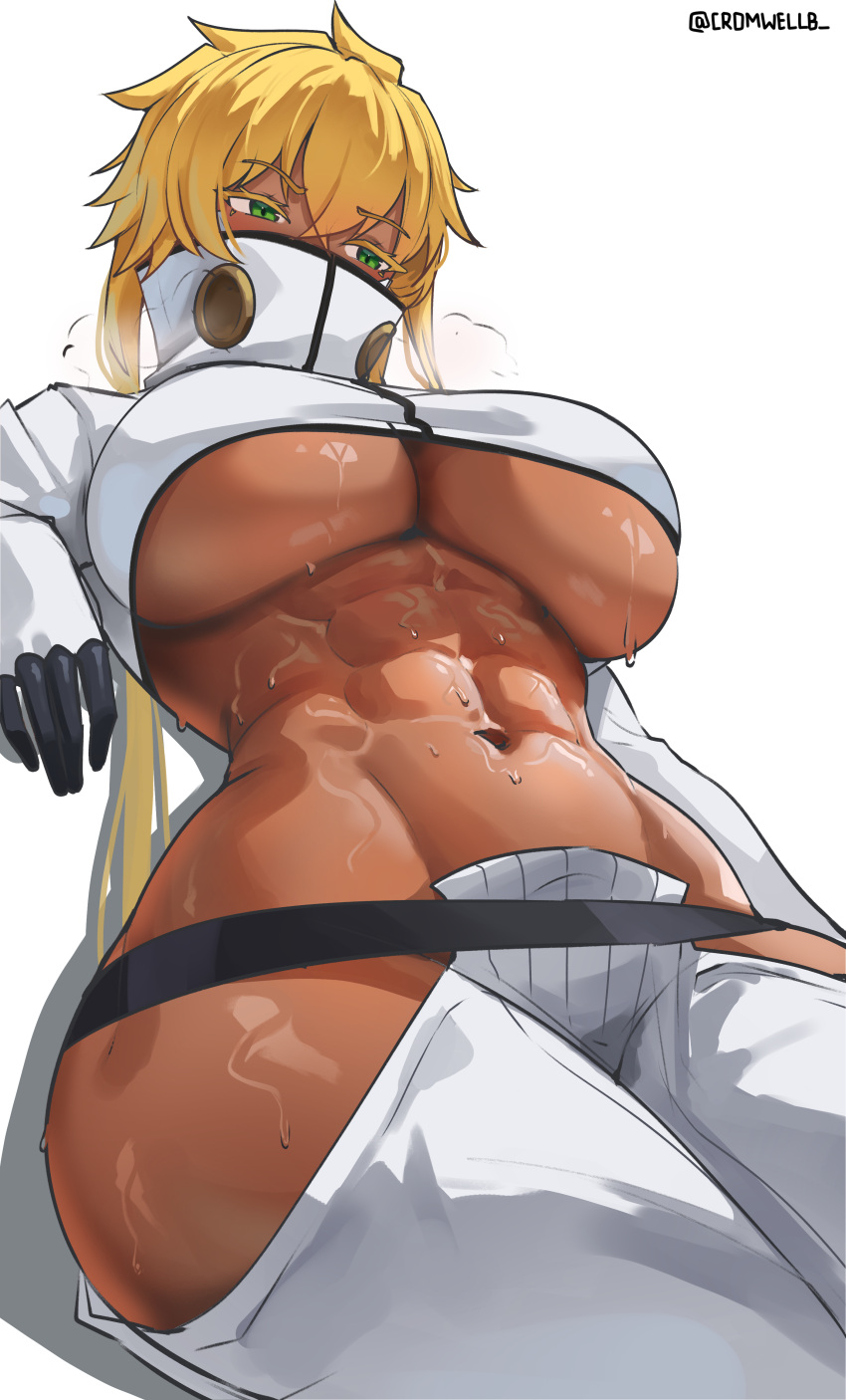 1girl big_breasts bleach blonde_hair bubble_butt cleavage cromwellb dark-skinned_female green_eyes harribel_tia horny inviting_to_sex pose sitting teasing thick_thighs tia_harribel tier_harribel