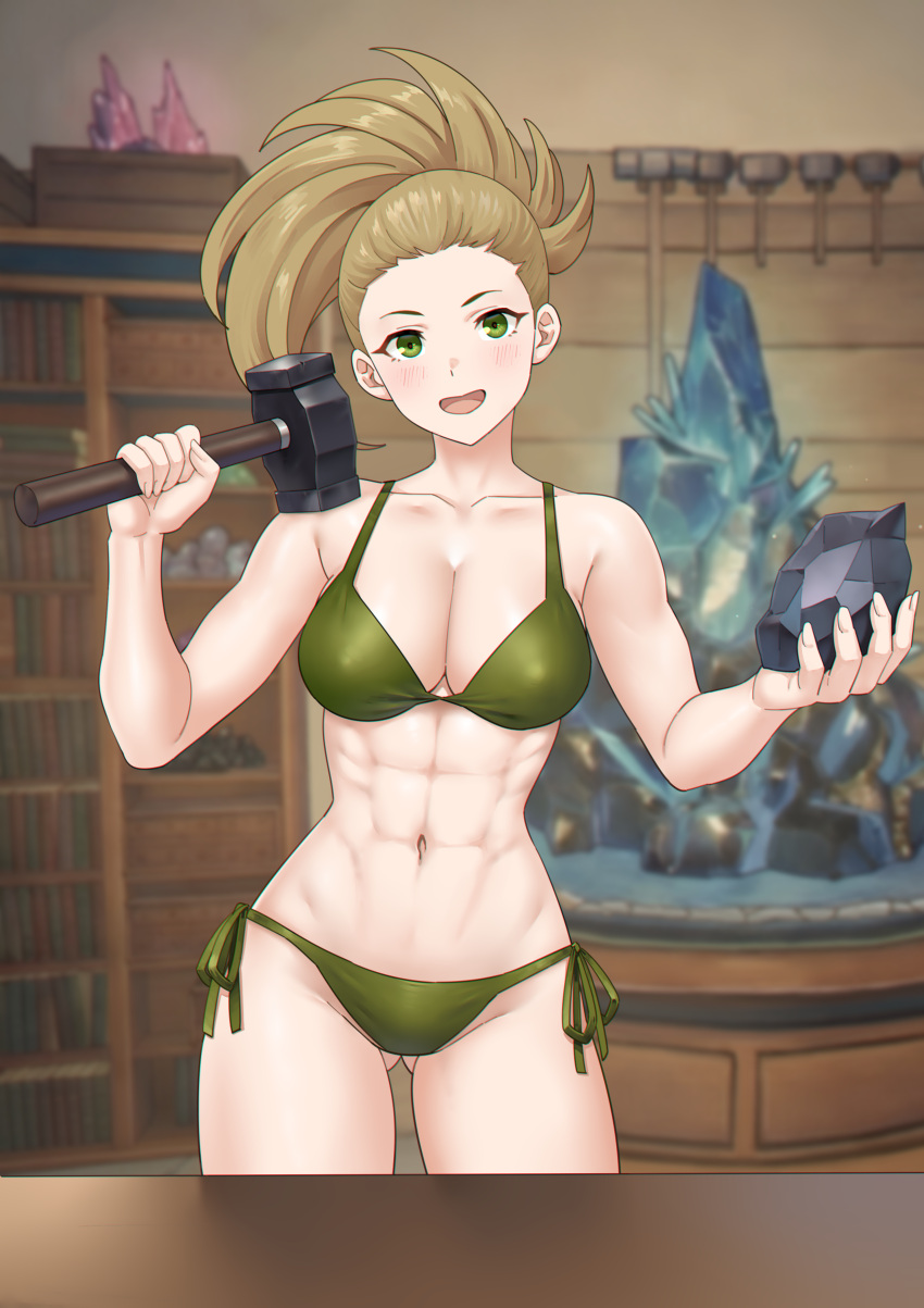 1girl :d abs absurd_res alluring alternate_costume athletic_female bare_shoulders big_breasts bikini blacksmith blonde_hair bookshelf calney_(fire_emblem) cleavage collarbone commission commissioner_upload female_abs fire_emblem fire_emblem_engage fit_female gluteal_fold green_bikini green_eyes hammer hands_up high_ponytail high_res holding holding_hammer indoors intelligent_systems looking_at_viewer nintendo non-web_source open_mouth ponytail redkite333 rock side-tie_bikini_bottom smile smithing swimsuit thighs toned toned_female