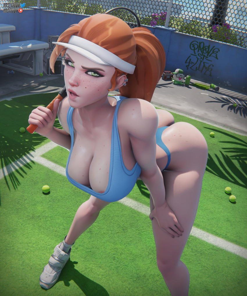 1girls 3d 3d_(artwork) areola_slip areolae_peeking bent_over big_ass big_breasts blizzard_entertainment cleavage dat_ass deep_cleavage digital_media digital_media_(artwork) freja_(overwatch) freja_skov hasfeldt looking_at_viewer nipple_slip overwatch tagme tennis_ball tennis_court tennis_racket tennis_uniform wedgie