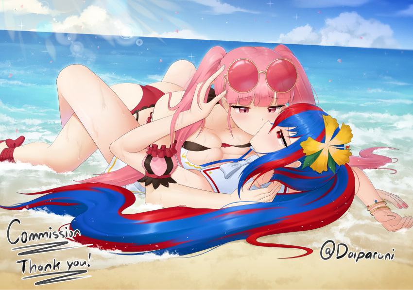 2_girls absurd_res alear_(female)_(fire_emblem) alear_(female)_(seaside_dragon)_(fire_emblem) alear_(fire_emblem) alluring ass beach big_breasts bikini blue_and_red_hair blue_hair blush breast_press cleavage cloud crossed_bangs doiparuni eyewear_on_head fire_emblem fire_emblem:_three_houses fire_emblem_engage fire_emblem_heroes flower girl_on_top hair_flower hair_ornament high_res hilda_valentine_goneril hilda_valentine_goneril_(summer) intelligent_systems kissing long_hair multicolored_hair multiple_girls nintendo ocean official_alternate_costume official_alternate_hairstyle on_bench outside pink_bikini pink_eyes pink_hair ponytail red_eyes red_hair sky split-color_hair sunglasses swimsuit symmetrical_docking thighs twin_tails two-tone_hair very_long_hair water white_bikini