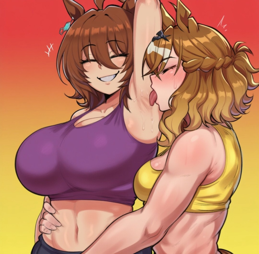 2_girls agnes_tachyon_(umamusume) ai ai_generated armpit_creash armpit_fetish armpit_licking armpits bakushin_o_armpit_gif_(meme) big_breasts brown_hair female_only hand_on_waist horse_ears jungle_pocket_(umamusume) lesbian_couple licking_armpit midriff rayasox short_hair smirk tongue umamusume umamusume_pretty_derby yuri