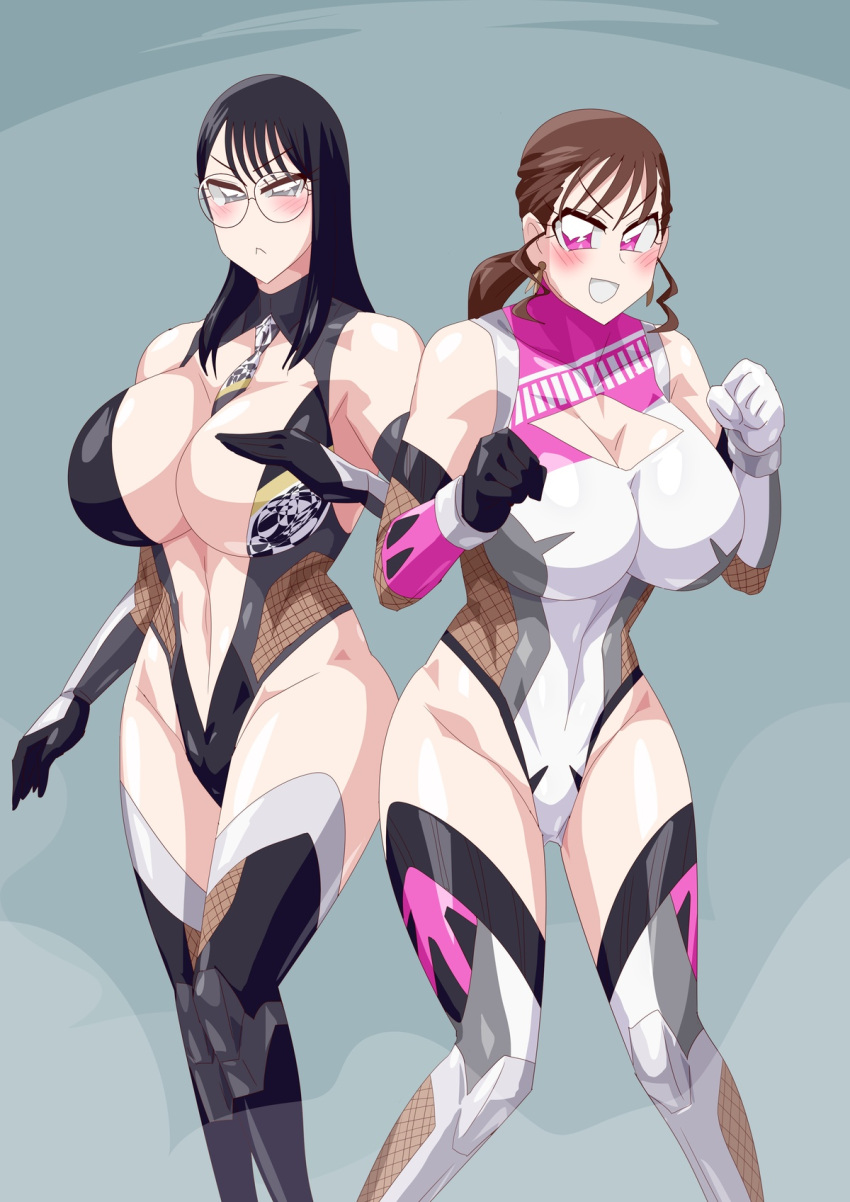 2_girls alluring bakuage_sentai_boonboomger big_breasts black_hair bodysuit boots brown_hair elbow_gloves gloves grey_eyes multiple_girls otokam1117 otokamu pink_eyes saibu_shirabe shifuto_mirai super_sentai thigh_high_boots