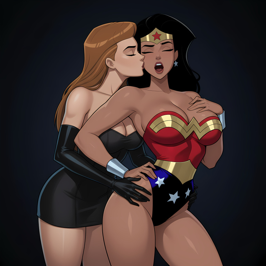 2_girls alternate_costume amazon bangs bare_arms bare_legs bare_shoulders behind_another big_breasts black_background black_dress black_gloves black_hair blue_leotard bracer breasts brown_hair cleavage closed_eyes collarbone contrapposto couple dc_comics dcau diana_prince dress duo earrings elbow_gloves female/female female_moaning female_only femdom femsub from_behind_position gloves gold_jewelry hand_on_chest hand_on_hip hand_up heroine highleg highleg_leotard hugging jewelry justice_league justice_league_unlimited kissing kissing_cheek legs legs_together leotard lezdom lezsub light_brown_hair lips lipstick long_hair love makeup medium_breasts mercy_graves mercy_graves_(justice_league) moaning moaning_in_pleasure multicolored_clothes multicolored_leotard multiple_females multiple_girls mutual_yuri neck open_mouth parted_bangs red_leotard red_lipstick romantic romantic_couple round_teeth sghero1234 sghero1234_(artist) short_dress silver_bracer silver_earrings silver_jewelry standing star star_(symbol) star_earrings star_print straight_hair strapless strapless_dress strapless_leotard superhero_costume superheroine superman:_the_animated_series superman_(series) teeth themysciran thick_thighs thighs tiara tube_dress two-tone_leotard upper_teeth upper_teeth_only villainess wonder_woman wonder_woman_(dcau) wonder_woman_(series) yuri