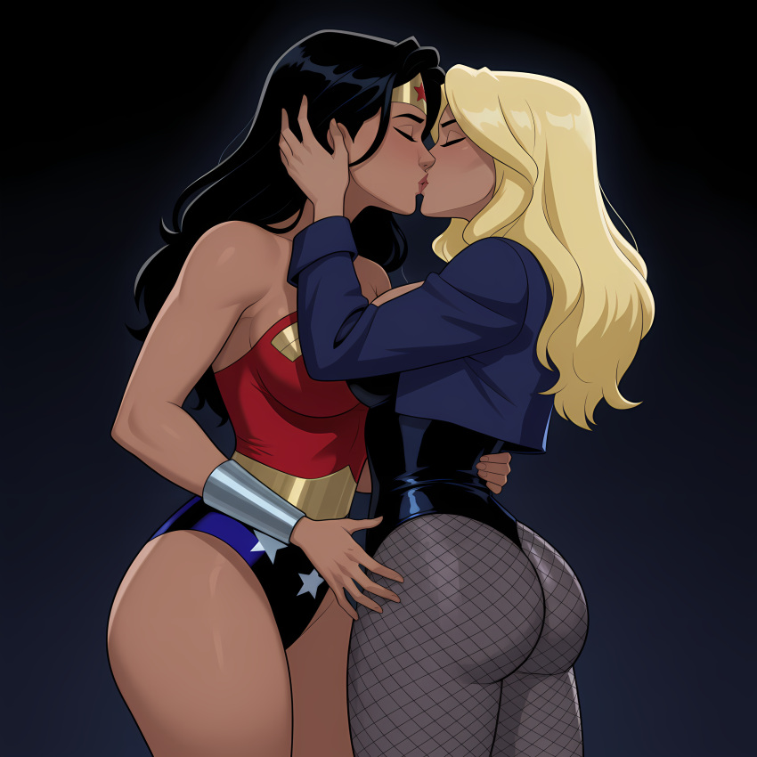 2_girls amazon arm_at_side ass bangs bare_arms bare_legs bare_shoulders big_ass big_breasts birds_of_prey black_background black_canary black_canary_(dcau) black_hair black_leotard blonde_female blonde_hair blue_jacket blue_leotard bracer breasts closed_eyes couple dc_comics dcau diana_prince dinah_lance duo female/female female_only fishnet_legwear fishnet_pantyhose fishnets friends gold_jewelry gradient gradient_background green_arrow_(series) grey_legwear grey_pantyhose hand_on_hip heroine highleg highleg_leotard jacket jewelry justice_league justice_league_unlimited kissing legs legwear leotard lips lipstick long_hair long_sleeves love makeup mound_of_venus multicolored_clothes multicolored_leotard multiple_females multiple_girls mutual_yuri neck open_clothes open_jacket pantyhose parted_bangs pink_lipstick red_leotard romantic romantic_couple sghero1234 sghero1234_(artist) silver_bracer silver_jewelry standing star star_(symbol) star_print straight_hair strapless strapless_leotard superhero_costume superheroine themysciran thick_thighs thighs tiara two-tone_leotard wonder_woman wonder_woman_(series) yuri