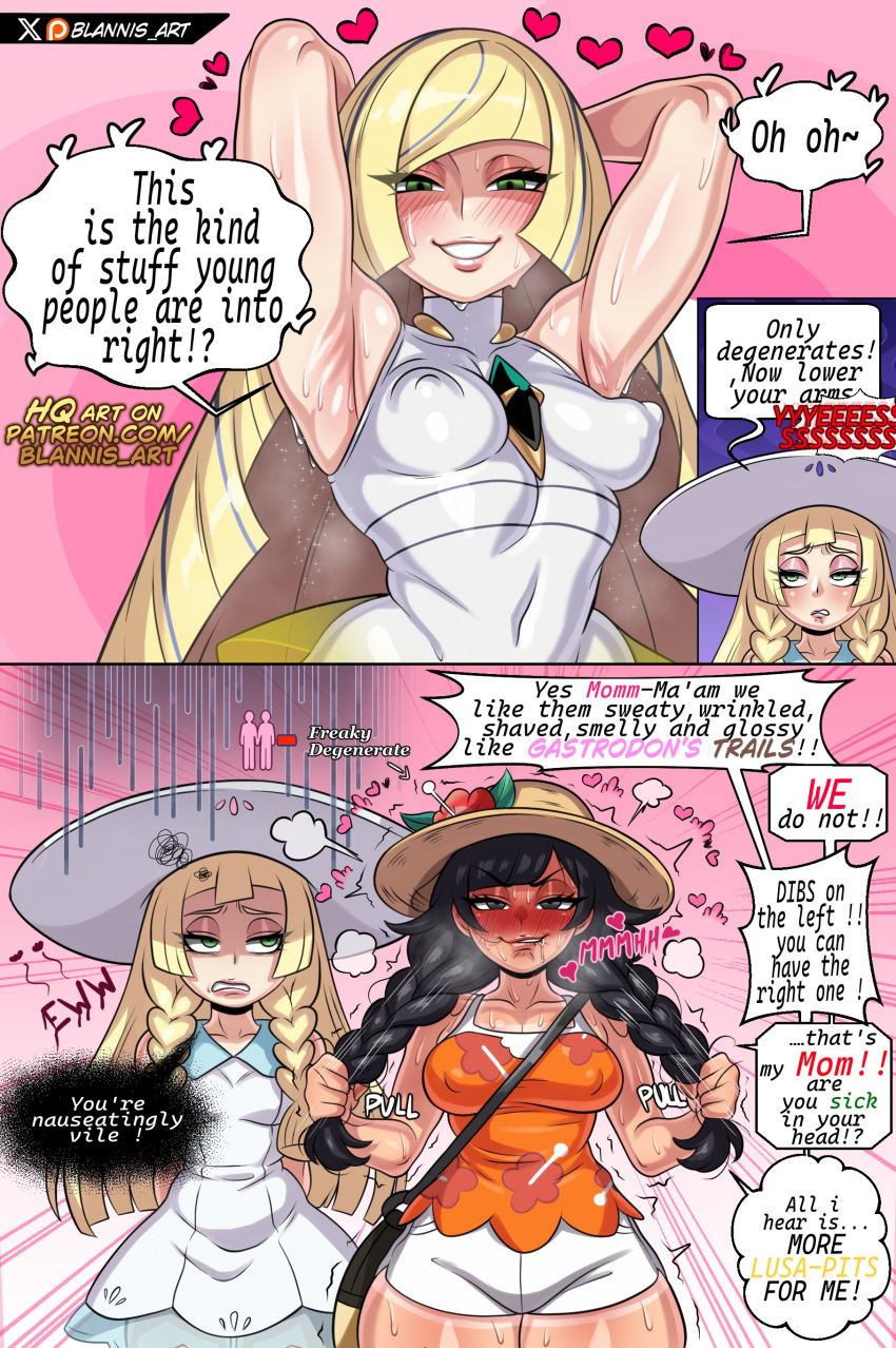 3_girls absurd_res armpit_focus armpits arms_up artist_name bare_shoulders big_breasts black_hair blannis_art blonde_hair blush breasts dress earrings embarrassed female_pervert green_eyes hair_over_one_eye high_res holding jewelry lillie_(pokemon) long_hair looking_at_viewer lusamine_(pokemon) mature_female multiple_girls nintendo nipples open_mouth pervert pokemon pokemon_usum selene_(pokemon) shirt simple_background sleeveless sleeveless_dress smile tagme thick_thighs thighs twitter_logo twitter_username very_long_hair white_dress yuri