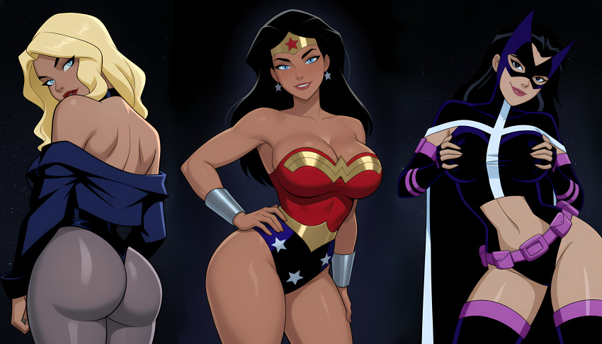 3_girls amazon arm_at_side ass back bangs bare_arms bare_back bare_legs bare_shoulders belt big_ass big_breasts birds_of_prey black_background black_canary black_canary_(dcau) black_choker black_eyes black_hair black_leotard blonde_female blonde_hair blue_eyes blue_jacket blue_leotard bracer breasts choker cleavage closed_mouth collarbone contrapposto dc_comics dcau diana_prince dinah_lance earrings female_only friends from_behind gold_jewelry grabbing_own_breast grabbing_own_breasts green_arrow_(series) grey_legwear grey_pantyhose grin half-closed_eyes hand_on_hip hands_on_hips head_tilt helena_bertinelli heroine highleg highleg_leotard huntress_(dc) jacket jewelry justice_league justice_league_unlimited legs legwear leotard lips lipstick long_hair long_sleeves looking_at_viewer looking_back makeup mask medium_breasts mound_of_venus multicolored_clothes multicolored_leotard multiple_females multiple_girls naughty_face navel navel_cutout neck off_shoulder open_clothes open_jacket pantyhose parted_bangs parted_lips pink_lipstick pose posing posing_for_the_viewer purple_belt purple_thighhighs red_leotard red_lipstick serious sghero1234 sghero1234_(artist) silver_bracer silver_earrings silver_jewelry smile standing star star_(symbol) star_earrings star_print stockings straight_hair strapless strapless_leotard superhero_costume superheroine themysciran thighs tiara trio turtleneck turtleneck_leotard two-tone_leotard utility_belt wonder_woman wonder_woman_(series)