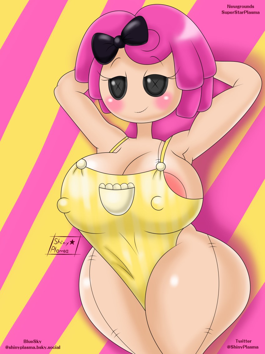 1girl 2024 2d alternate_version_at_source apron apron_only ass bedroom_eyes big_ass big_breasts black_bow blush bow_ribbon breasts clothed crumbs_sugar_cookie doll female female_only huge_breasts lalaloopsy looking_at_viewer mattel nipples nipples_visible_through_clothing pink_hair plush plush_doll ribbon smile solo superstarplasma