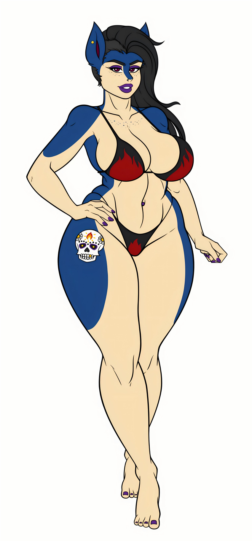 1girl big_ass big_breasts bikini black_hair blue_skin cute long_ears long_hair luchodraws piercing posing seductive sexy smile thick_ass thick_legs typhlosion wiitenuant