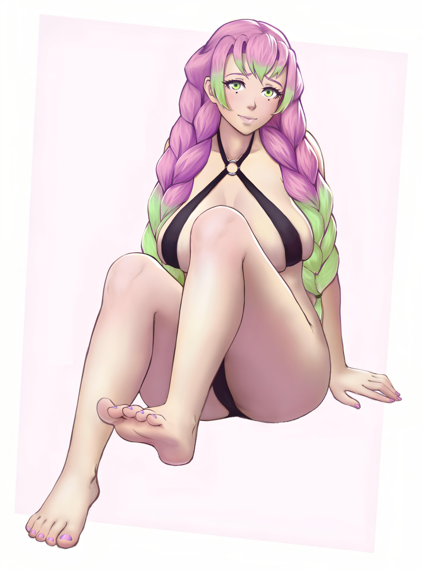 1girl big_ass big_breasts bikini cute green_hair kanroji_mitsuri kimetsu_no_yaiba long_hair mangho pink_hair ponytails posing seductive sexy shy thick_ass thick_legs